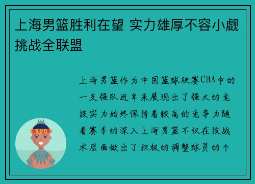 上海男篮胜利在望 实力雄厚不容小觑挑战全联盟