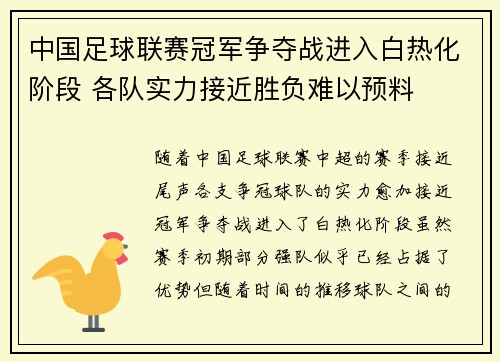中国足球联赛冠军争夺战进入白热化阶段 各队实力接近胜负难以预料 中国足球联赛冠军争夺战进入白热化阶段 各队实力接近胜负难以预料