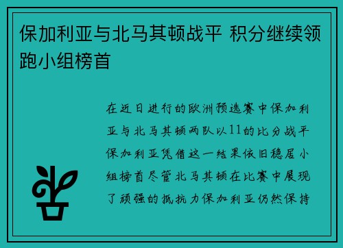 保加利亚与北马其顿战平 积分继续领跑小组榜首