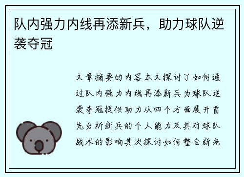 队内强力内线再添新兵，助力球队逆袭夺冠